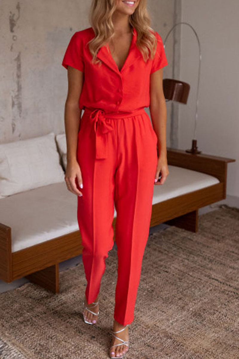 Casual Solid Split Joint Turndown Collar Regular Jumpsuits