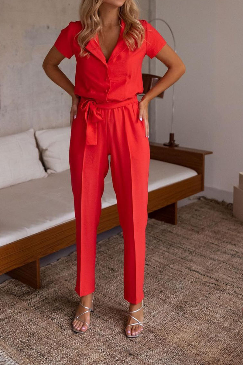 Casual Solid Split Joint Turndown Collar Regular Jumpsuits