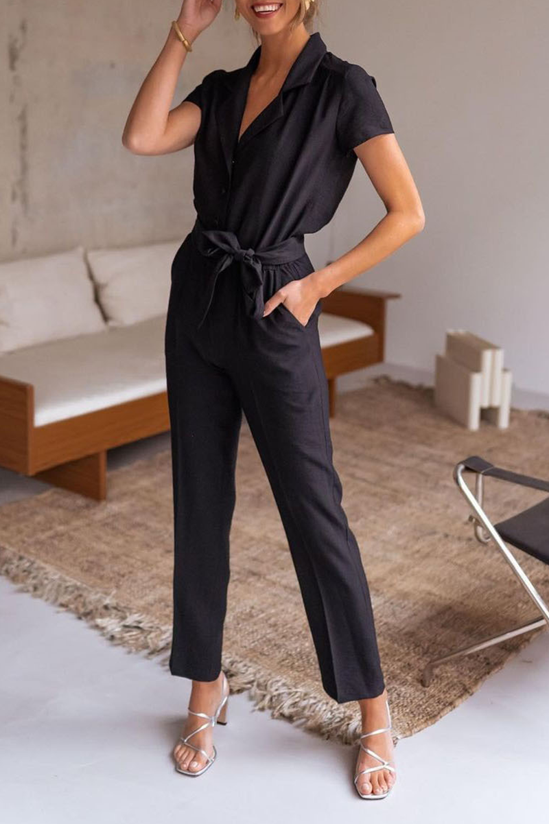 Casual Solid Split Joint Turndown Collar Regular Jumpsuits