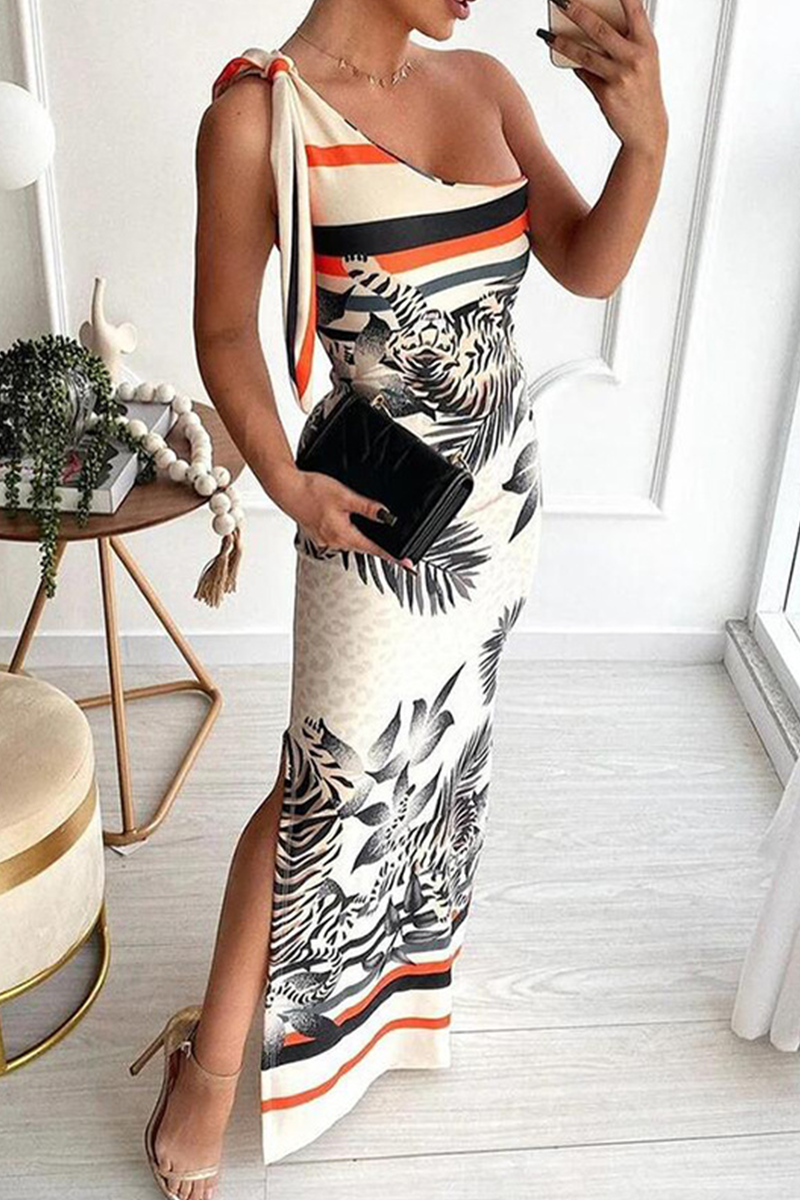 Leopard Jungle Tie One Shoulder Slit Dress