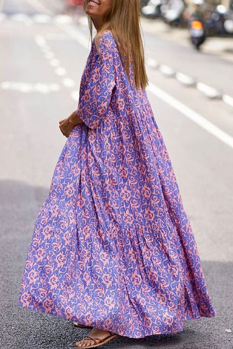 Fashion Print Patchwork V Neck Straight Dresses