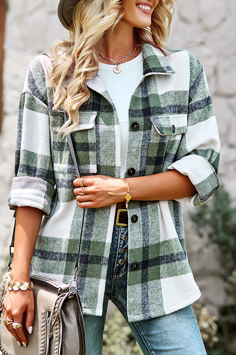 Casual Plaid Patchwork Turndown Collar Tops