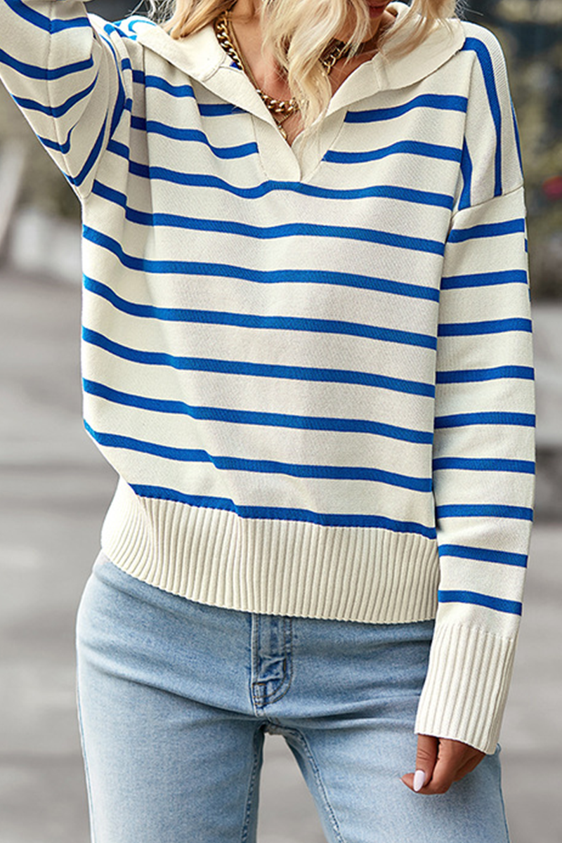 Casual Striped Patchwork Turndown Collar Tops