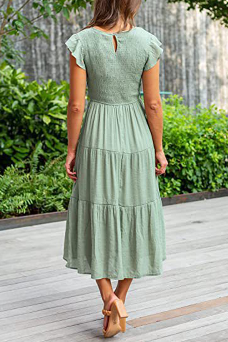 Fashion Solid Flounce O Neck Cake Skirt Dresses(9 colors)