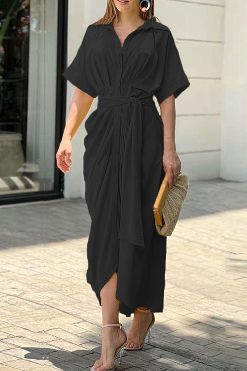 Casual Solid Patchwork Turndown Collar Shirt Dress Dresses(5 Colors)