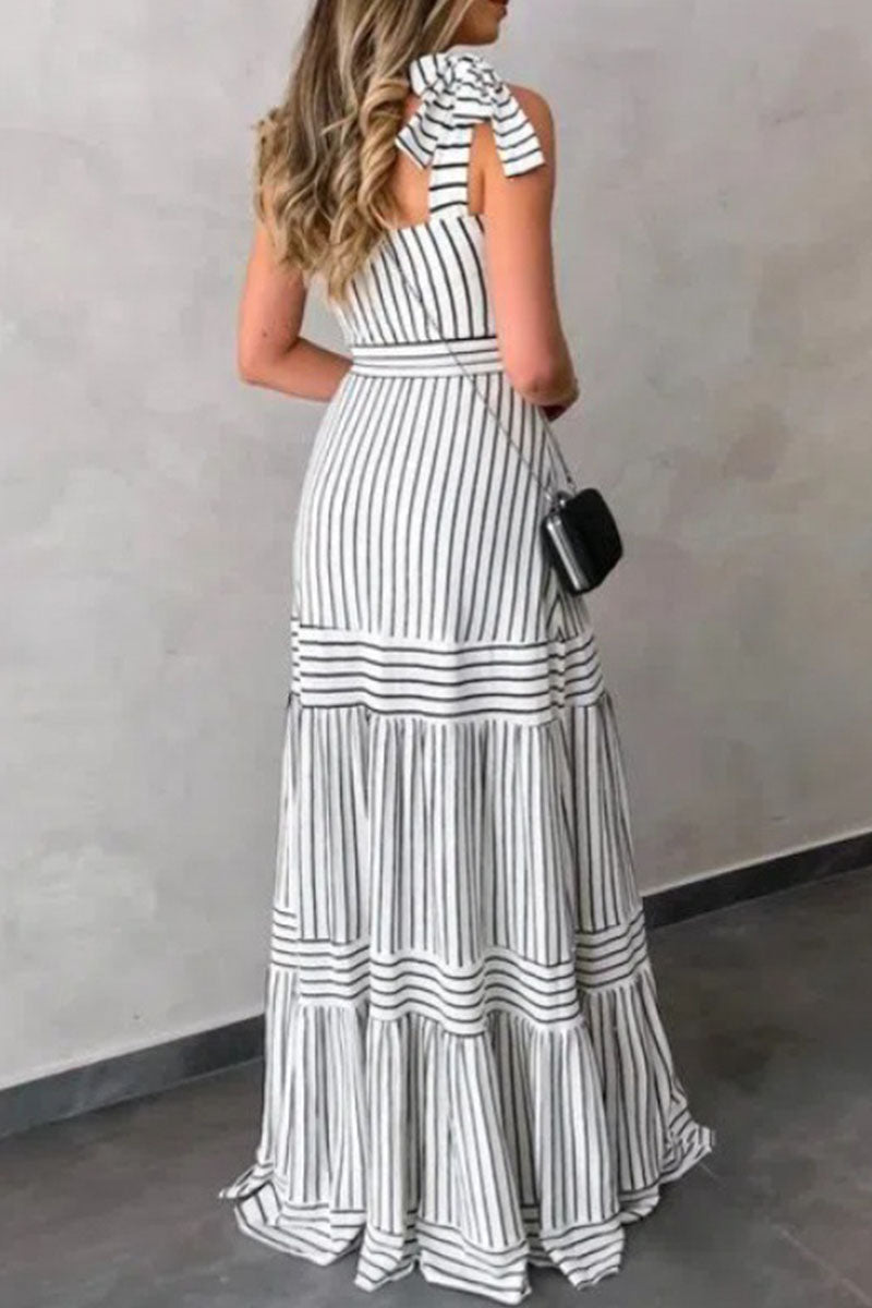 Sexy Casual Striped Bandage Patchwork Spaghetti Strap Pleated Dresses
