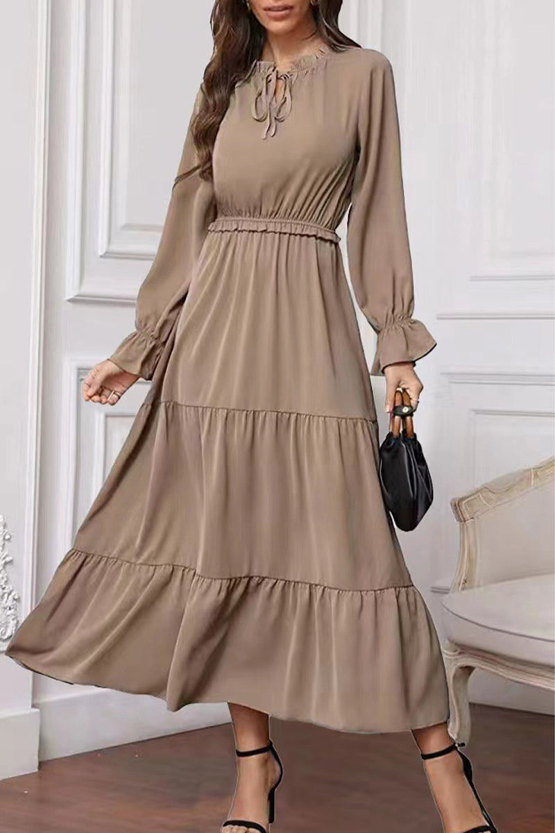 Fashion Elegant Solid Frenulum Lotus Leaf Collar Long Dress Dresses(8 colors)