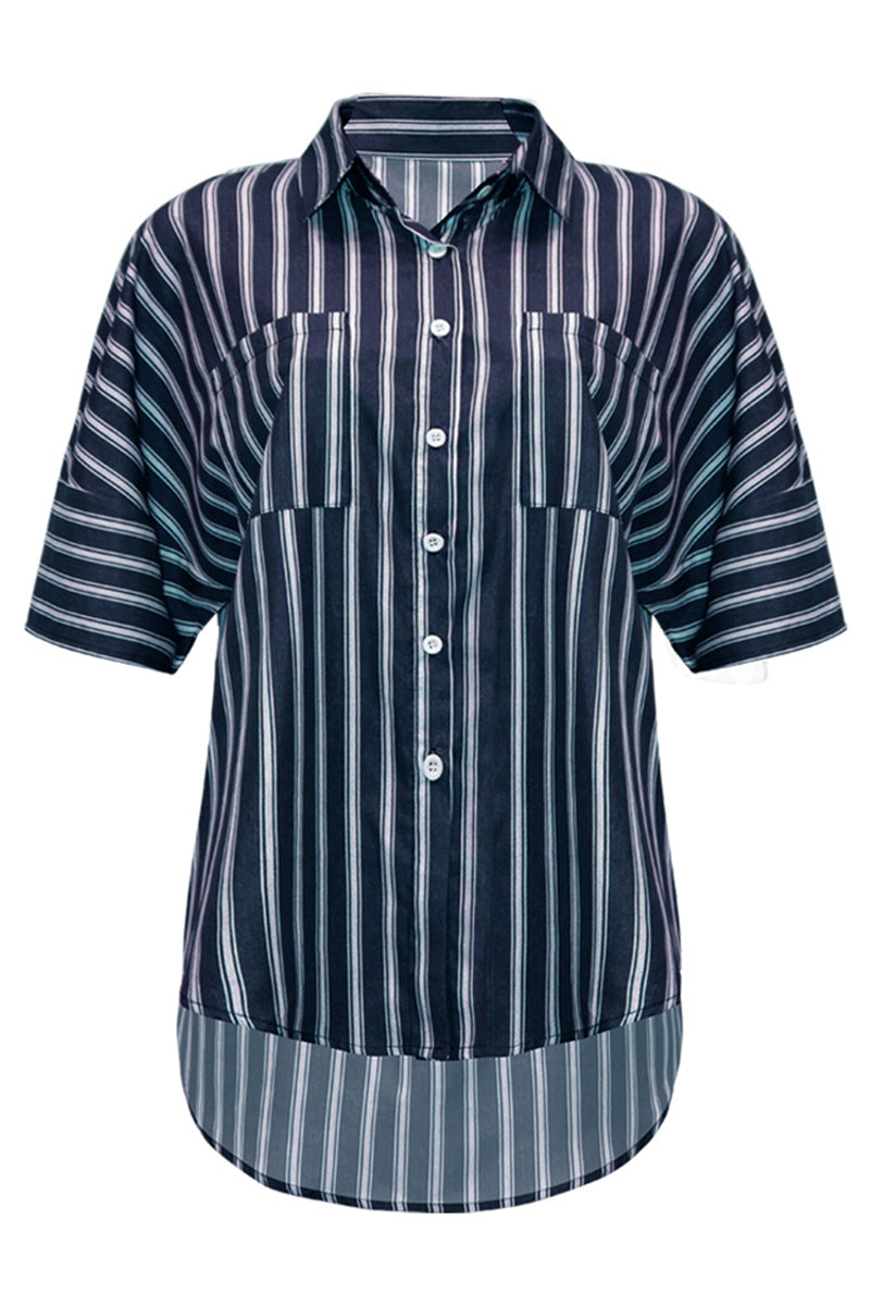 Fashion Casual Striped Printing Turndown Collar Tops(5 colors)