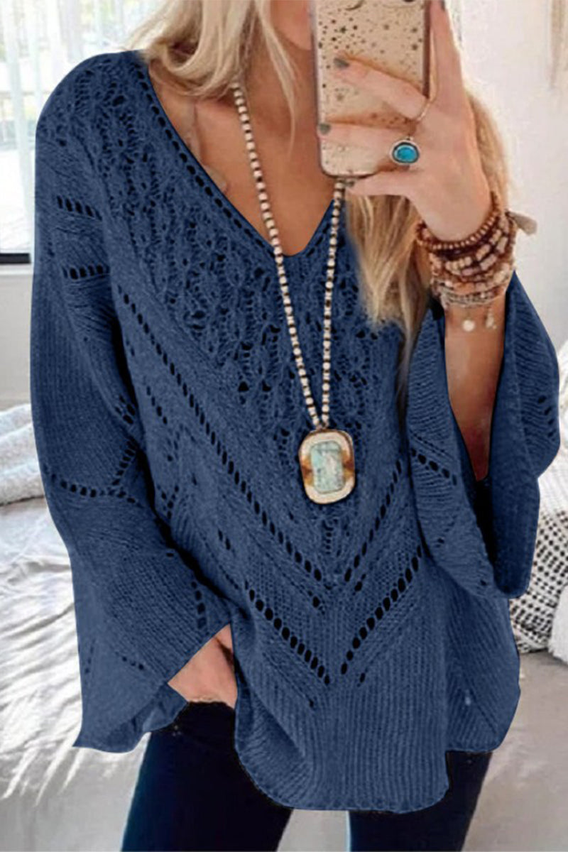 Hollow V Neck Flares Sleeve Sweater