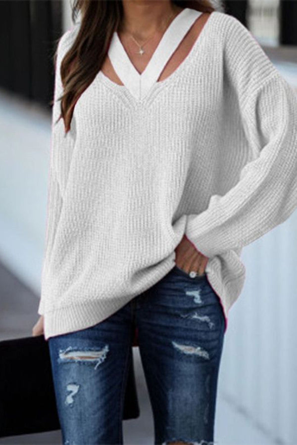 Casual Solid Hollowed Out Patchwork V Neck Sweaters(3 Colors)