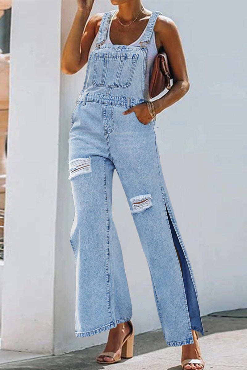 Casual Solid Ripped Patchwork Slit Spaghetti Strap Sleeveless Regular Denim Jumpsuits