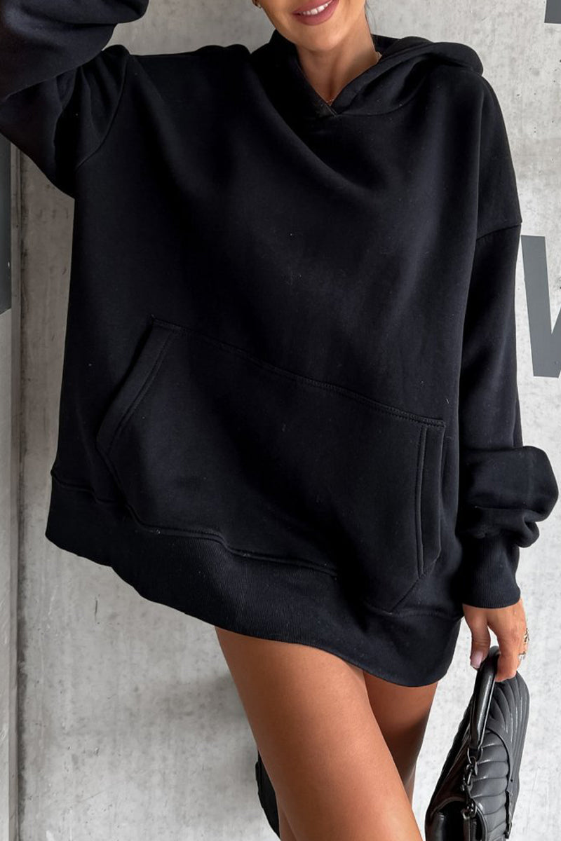 Casual Solid Patch Hooded Collar Tops
