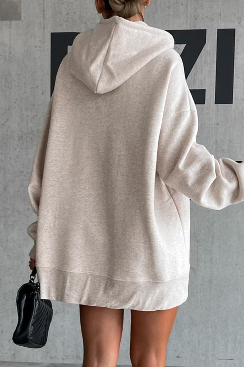Casual Solid Patch Hooded Collar Tops