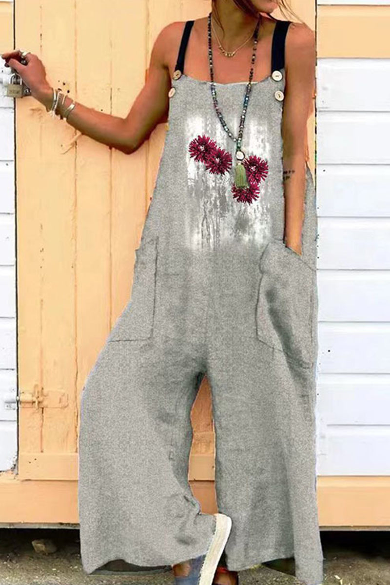 Casual Print Printing Spaghetti Strap Loose Jumpsuits(6 Colors)