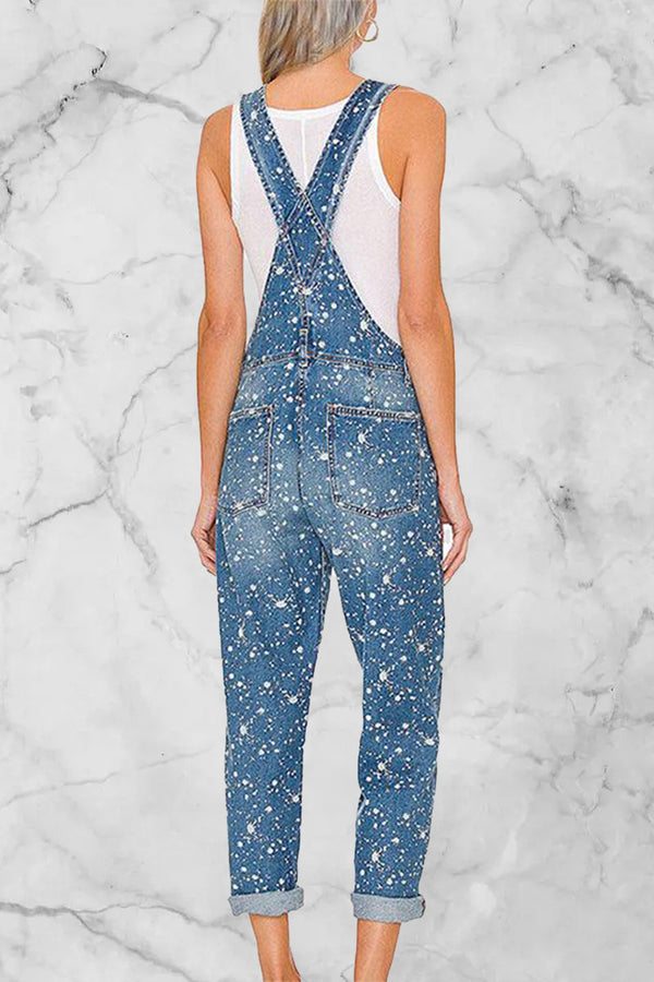 Street Solid Patchwork Sleeveless High Waist Loose Denim Jumpsuits