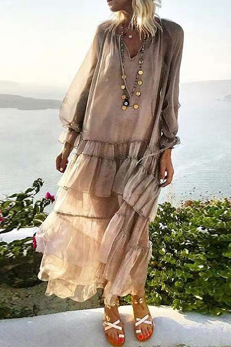 Sweet Bohemian Elegant Frenulum See-through V Neck Irregular Dresses