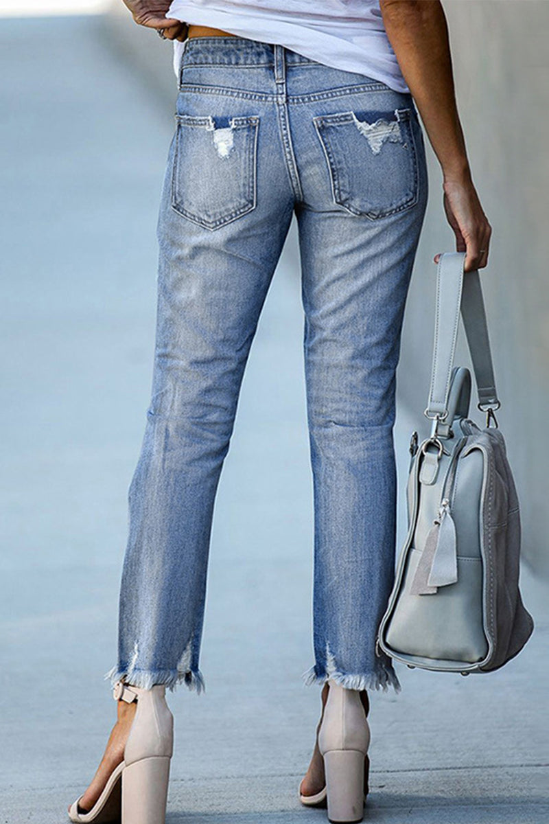 Street Solid Patchwork High Waist Skinny Denim Jeans