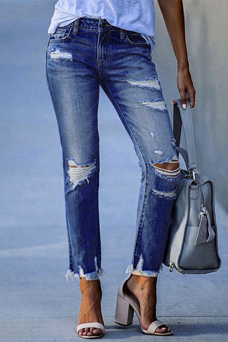 Street Solid Patchwork High Waist Skinny Denim Jeans