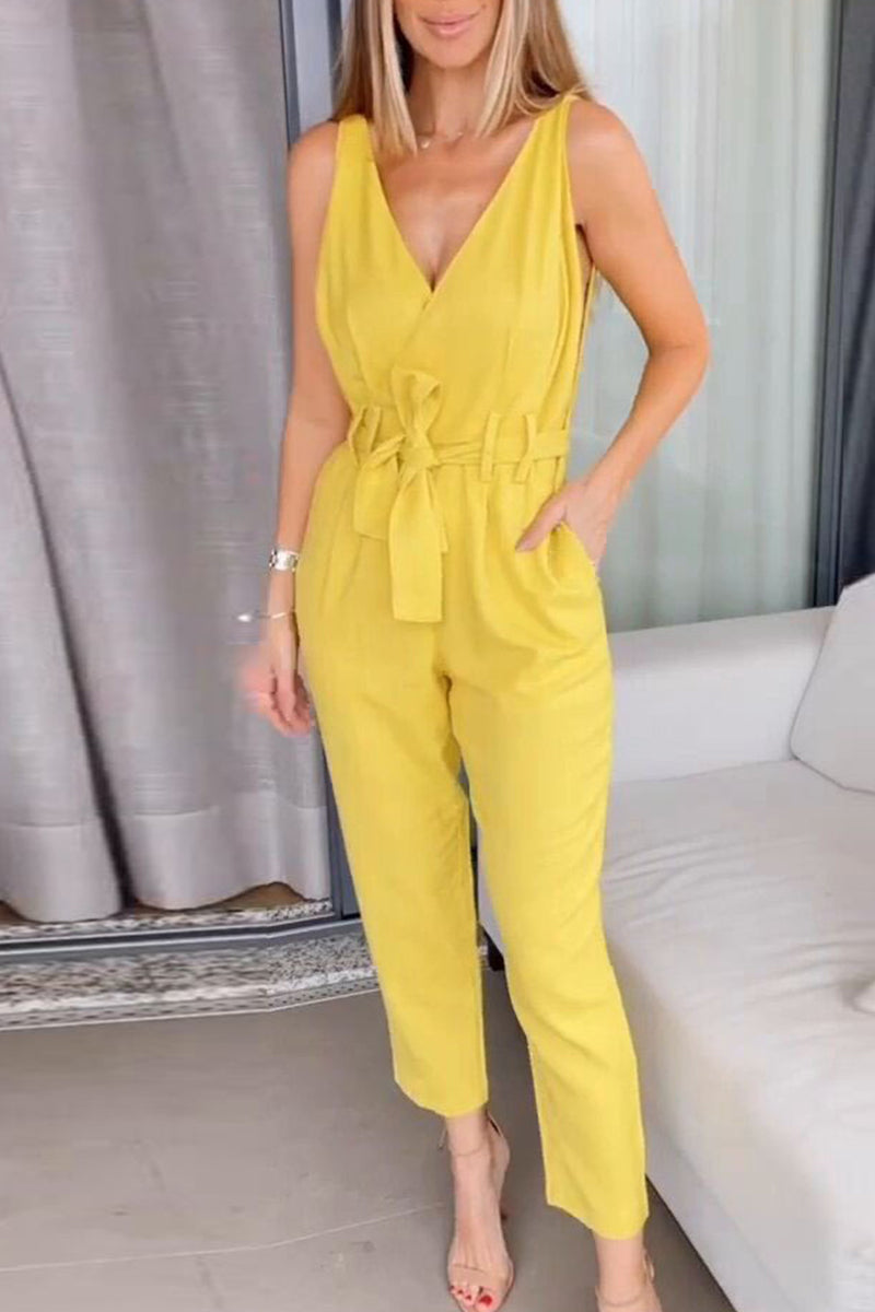 Casual Simplicity Solid Frenulum Solid Color V Neck Regular Jumpsuits(5 Colors)