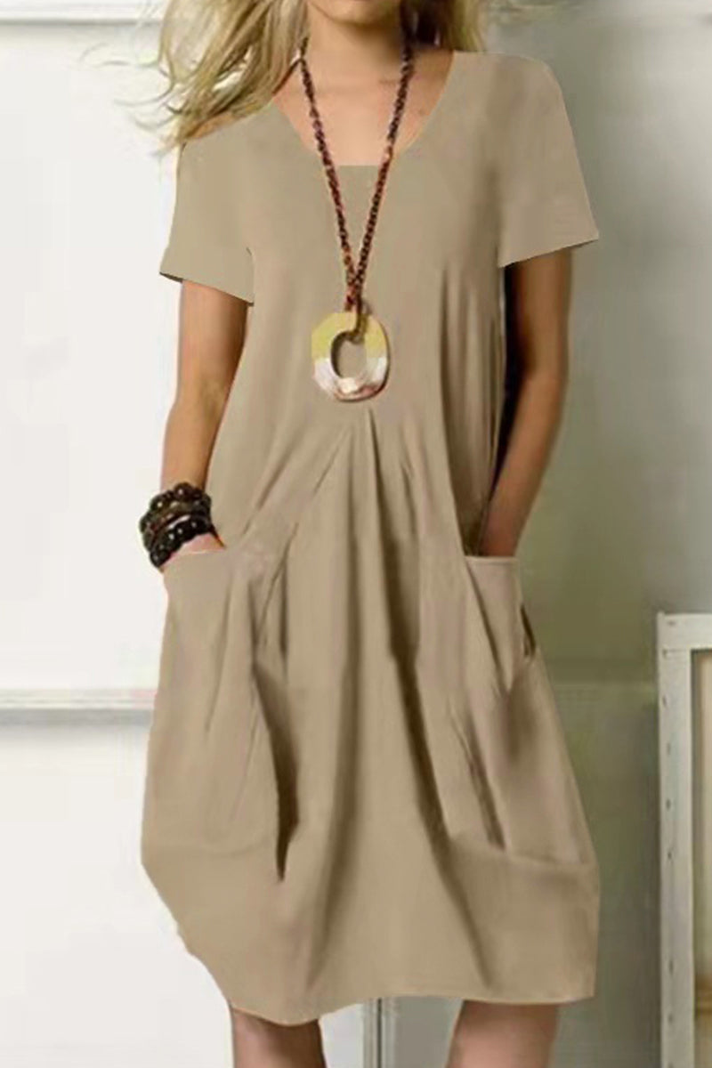 Casual Simplicity Solid Pocket O Neck Short Sleeve Dress(4 Colors)