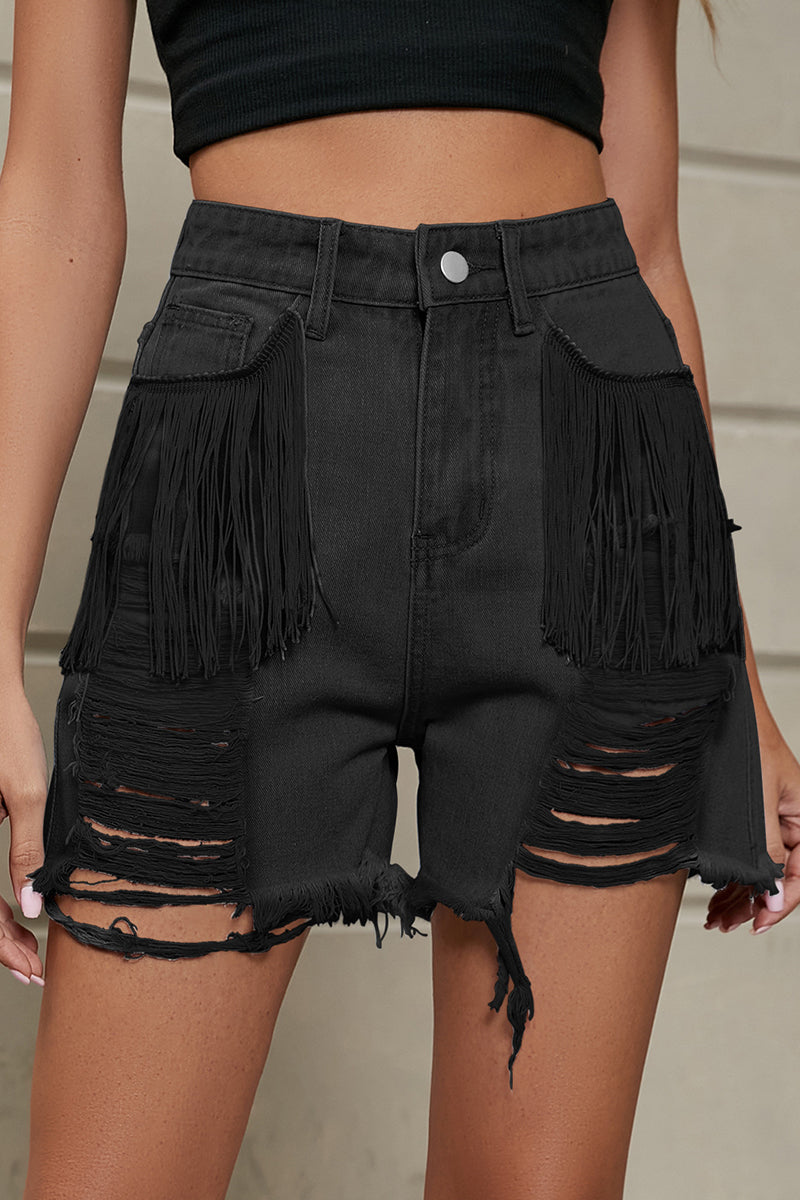 Casual Simplicity Solid Tassel Ripped Straight Denim Shorts