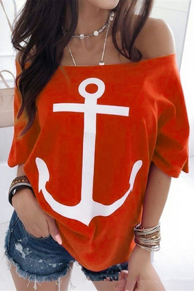 Casual Street Print Patchwork Off the Shoulder T-Shirts