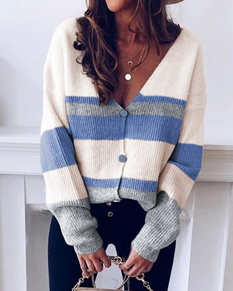 Button Down V-Neck Long Sleeve Knitted Sweater Blouse