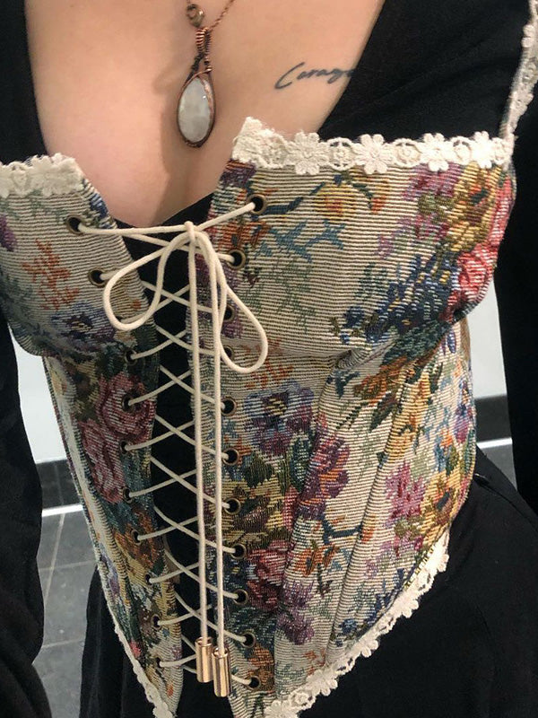 Women's Tank Tops Camisole Print Lace Tie Lace-Up Waist Vest