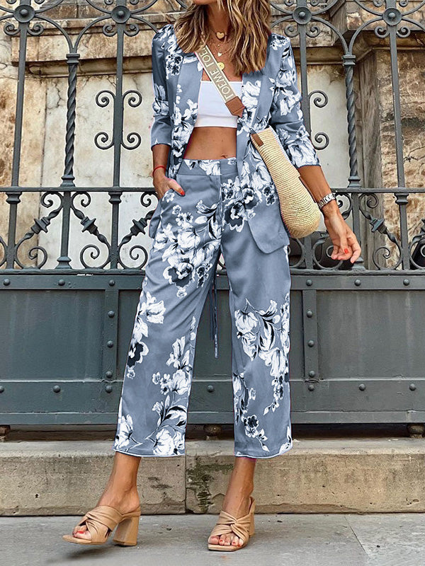 Women's Sets Printed 3/4 Sleeve Blazers & 9/10 Pants Two-Piece Set