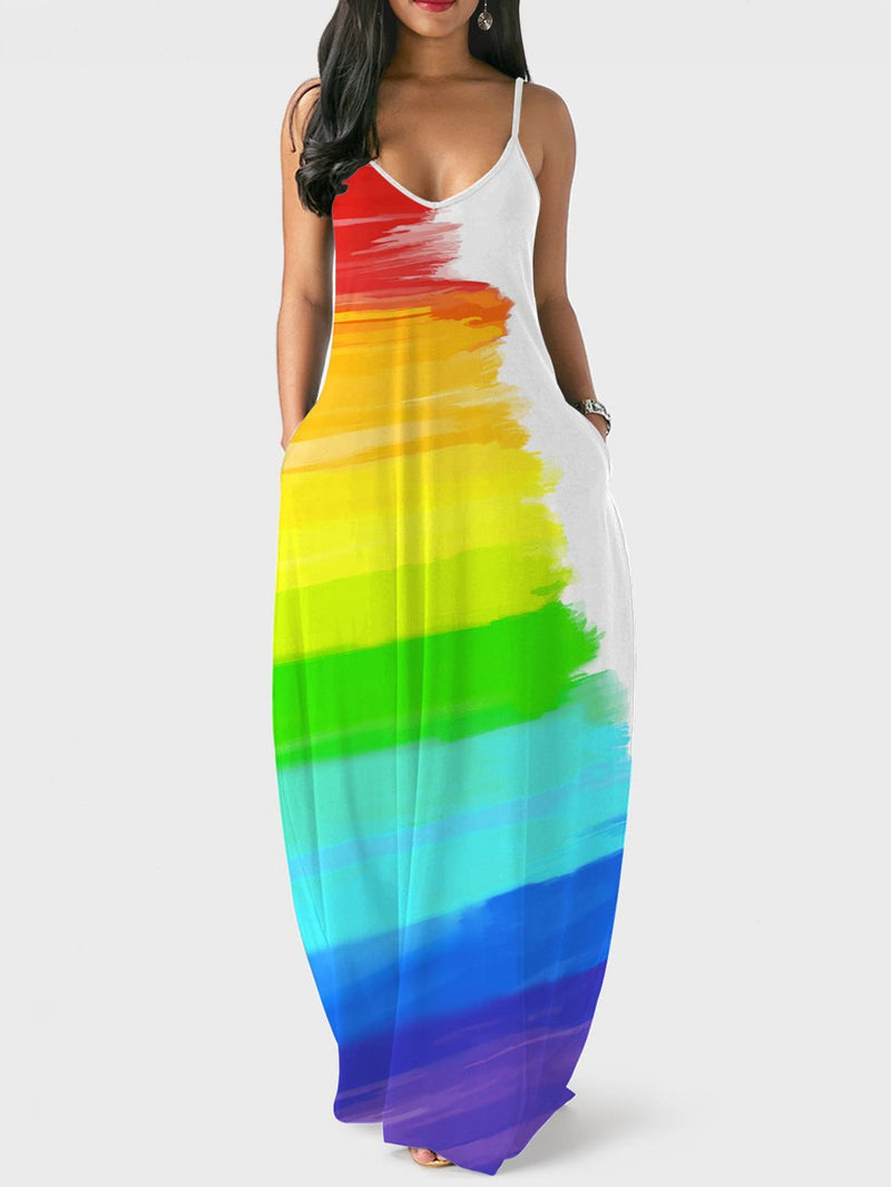 Multicolor Stripe/Gradient Print V-neck Sling Long Dress
