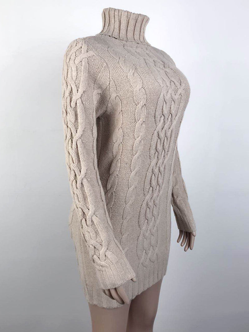 Turtleneck Long Sleeve Twist Knitted Sweater Mini Dress