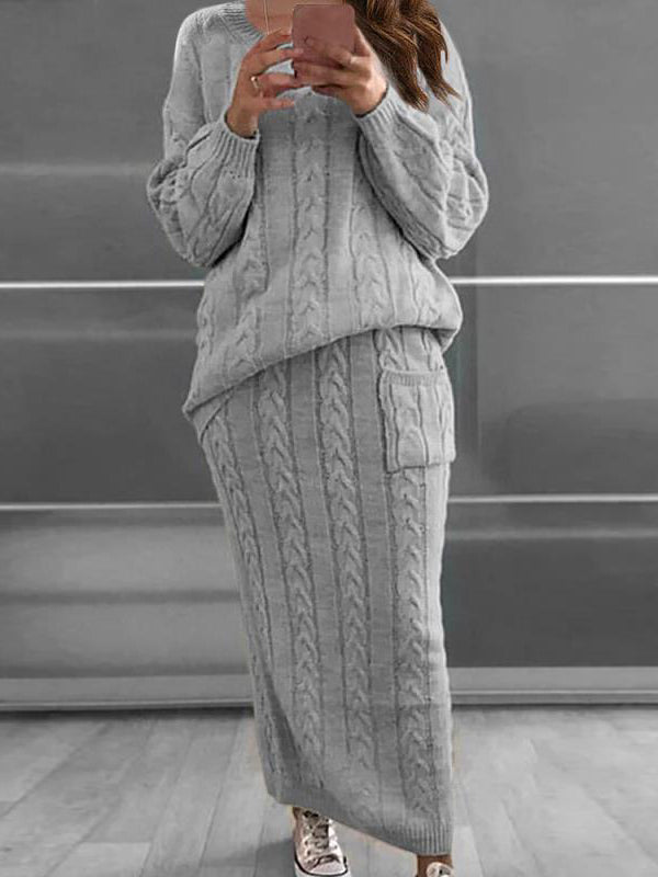 Long Sleeve Knit Loose Sweatshirt and Long Skirt Set