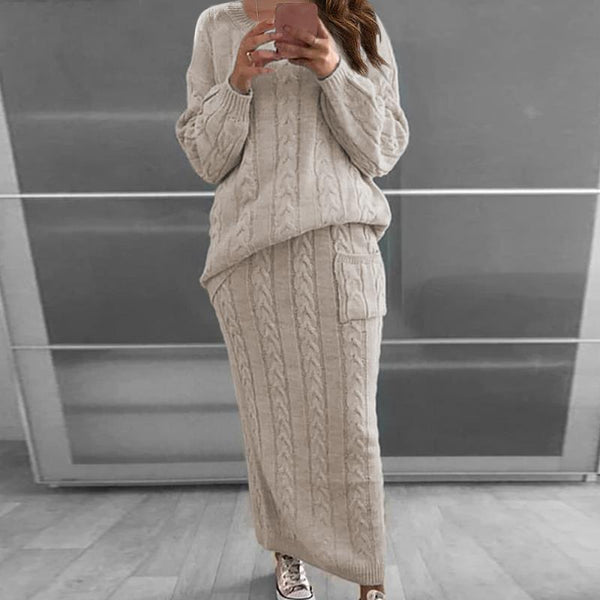 Long Sleeve Knit Loose Sweatshirt and Long Skirt Set