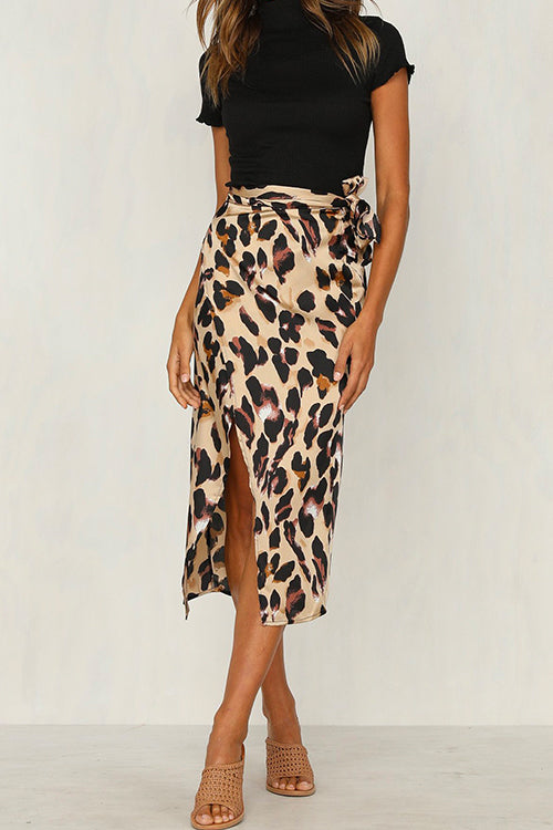 Knot Waist Slit Midi Leopard Skirt