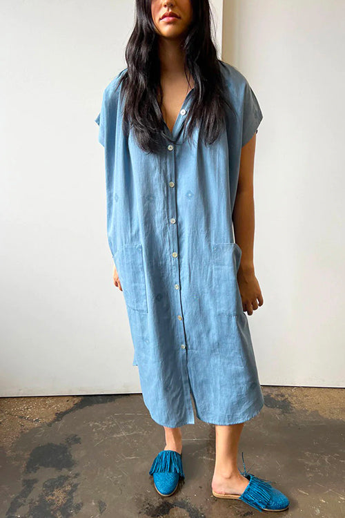 Lapel Short Sleeve Button Down Printed Midi Shirt Dress