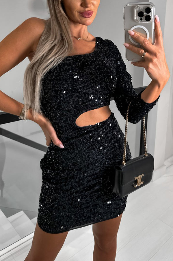 Life of The Party Cutout One Shoulder Sequins Dress