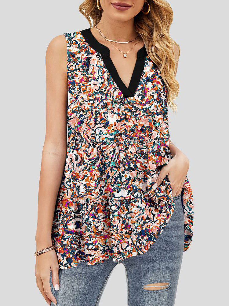 Scoop Neck Sleeveless Flared Printed Blouse Top