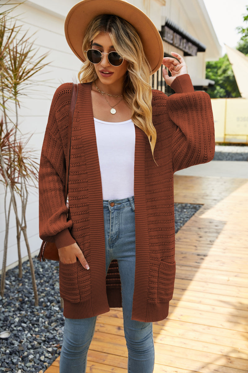 Open Front Pocketed Long Sleeve Knitted Solid Cardigan