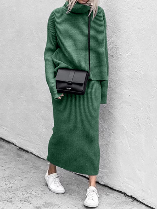 Two Piece Outfit Solid Long Sleeve Turtleneck Knit Jumper and Bodycon Midi Skirt Set