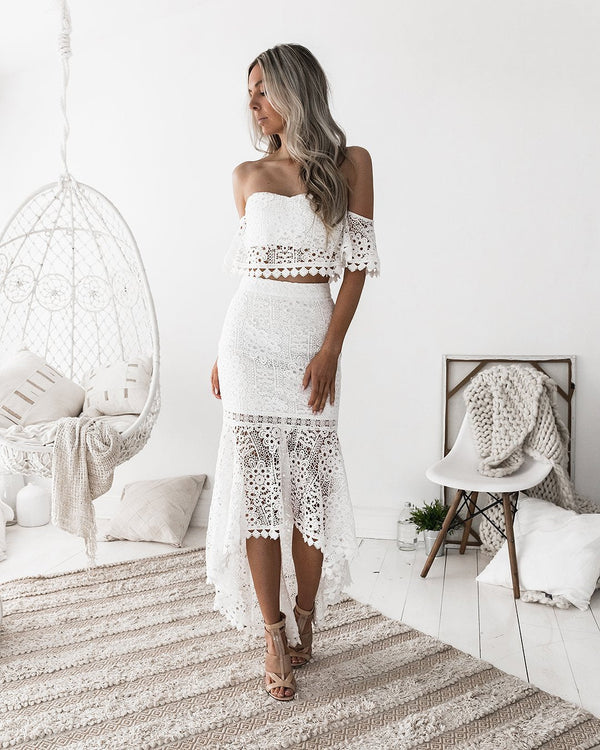 Two Piece Off Shoulder Lace Top and High Low Skirt Set