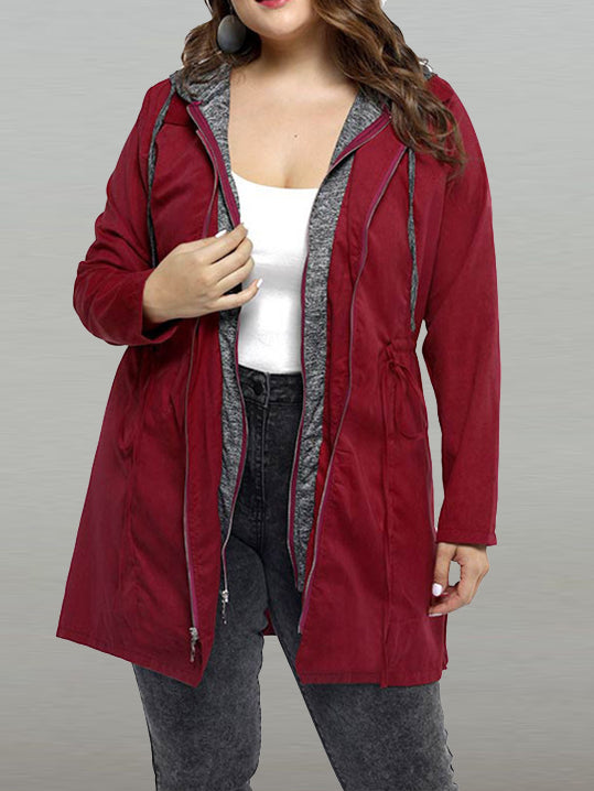 Fashion Drawstring Zipper Long Sleeve Solid Hooded Jacket