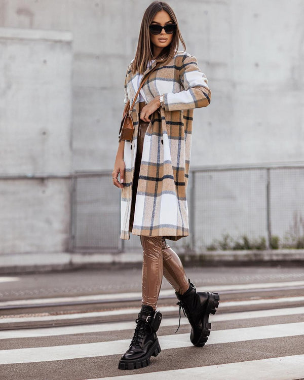 Casual Long Sleeve Plaid Long Woolen Cardigan Jacket