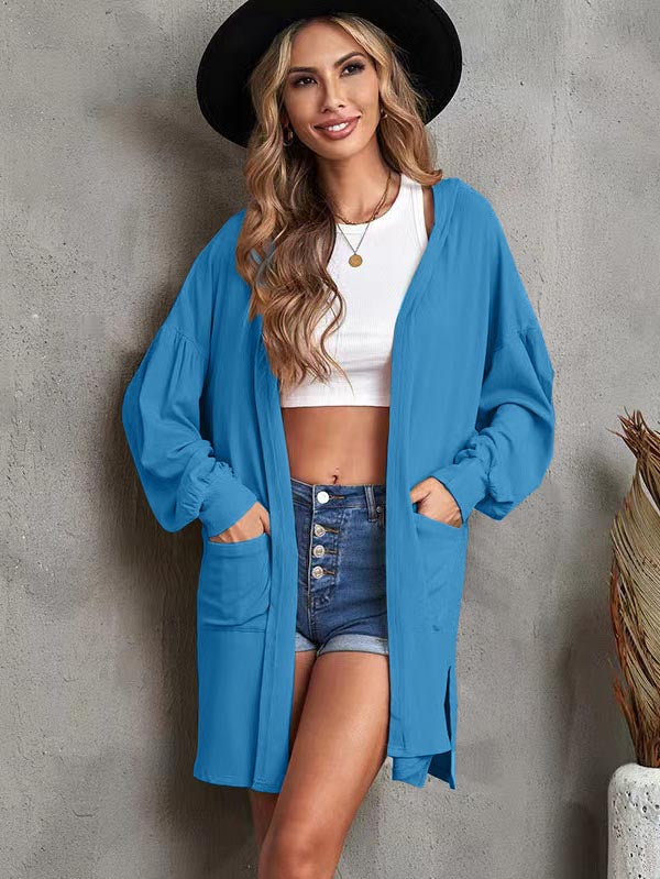 Casual Solid Pocket Long Sleeve Hooded Long Cardigan