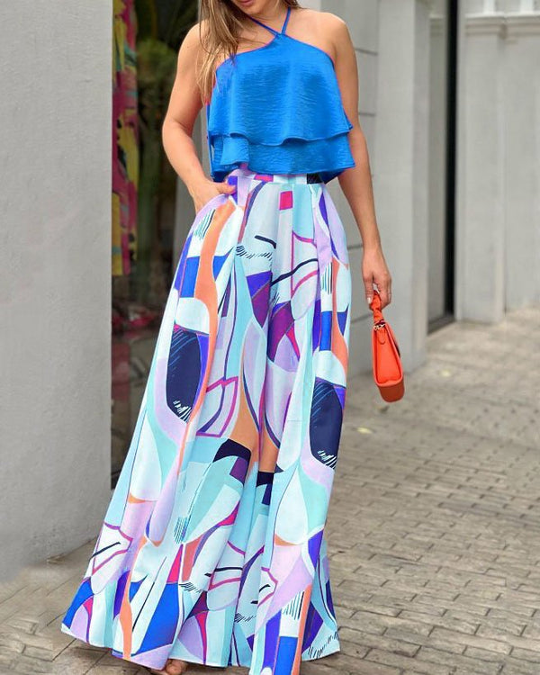 Two Piece Sleeveless Halter Neck Solid Top and Pocketed Printed Maxi Skirt