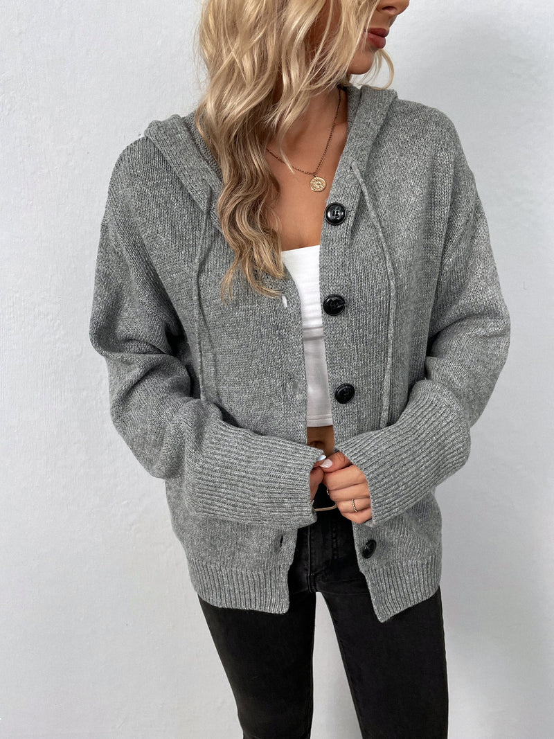 Button Down Solid Color Warm Hoodie Sweater