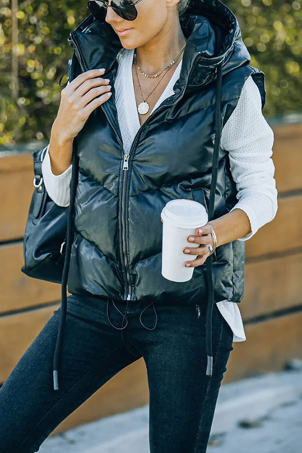 Eliza Pocketed Hooded Faux Leather Puffer Vest