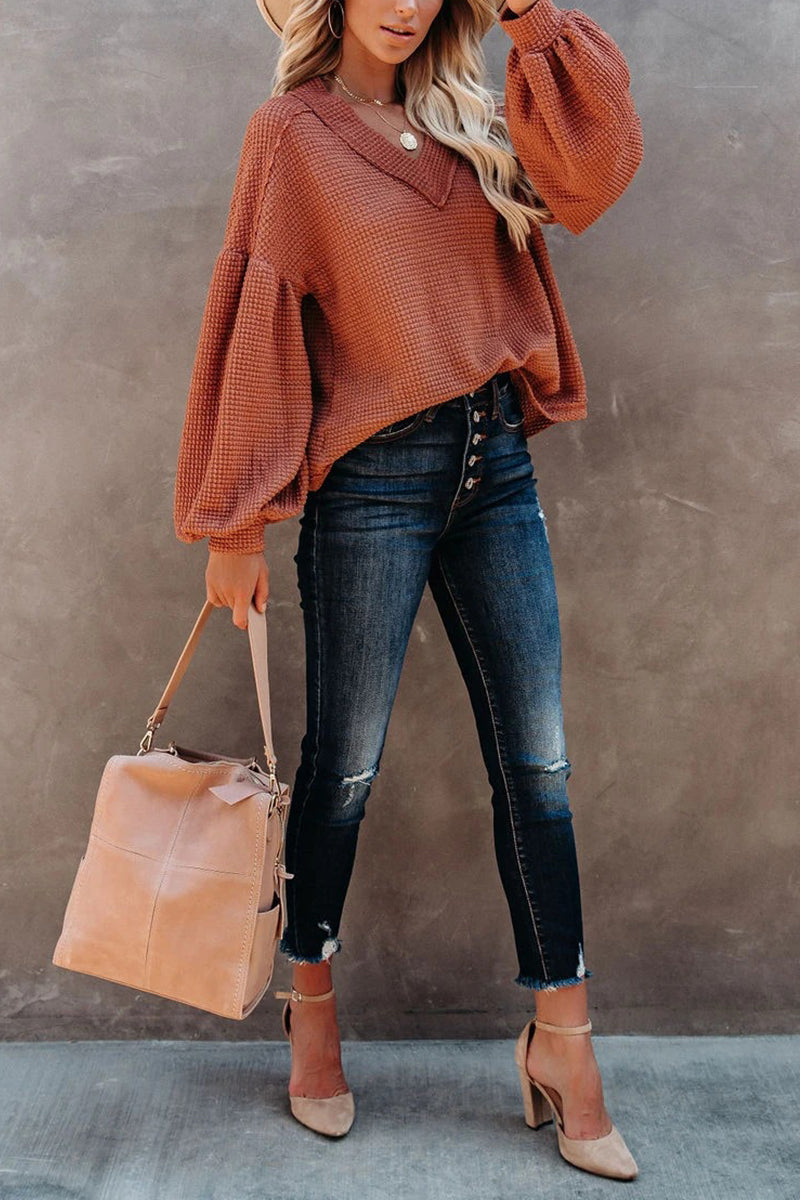 Thermal V Neck Puff Sleeve Sweater