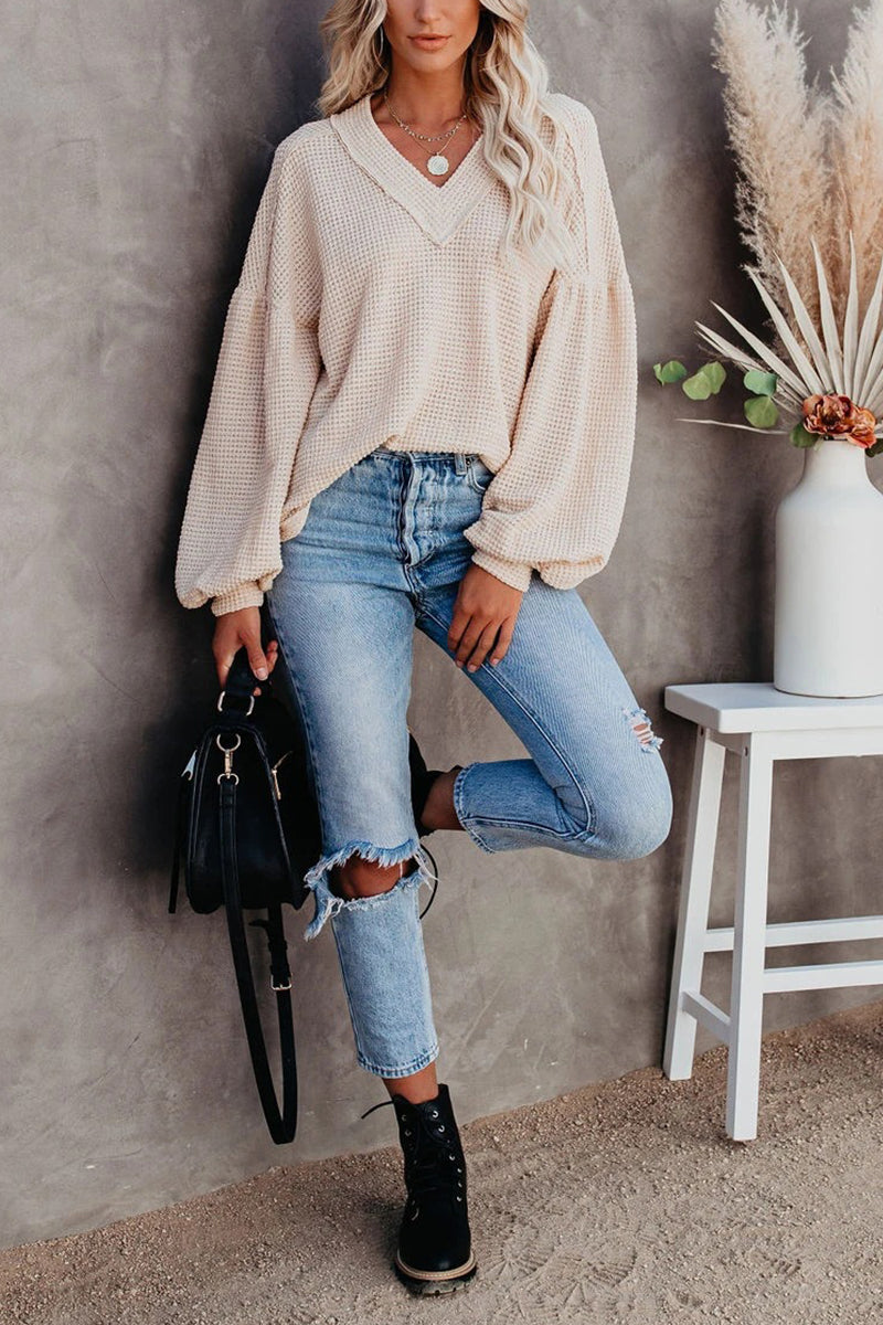 Thermal V Neck Puff Sleeve Sweater