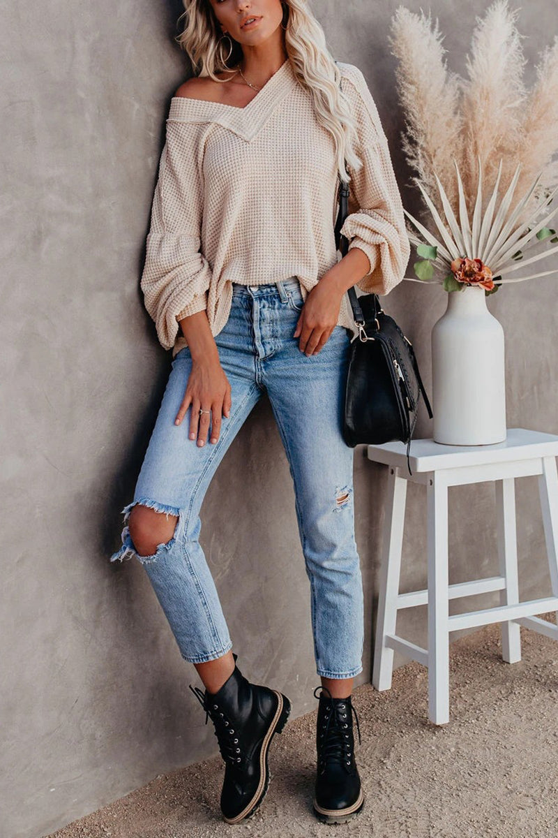 Thermal V Neck Puff Sleeve Sweater