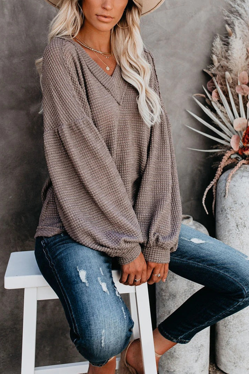 Thermal V Neck Puff Sleeve Sweater